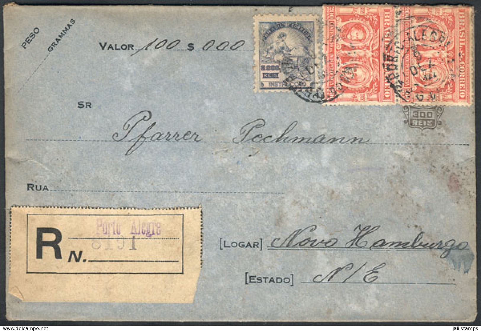 BRAZIL: 300Rs. Stationery Envelope For Declared Value + 2 X200Rs. (Sc.261)+ 2,000Rs (Sc.233), Sent From Porto Alegre To  - Andere & Zonder Classificatie