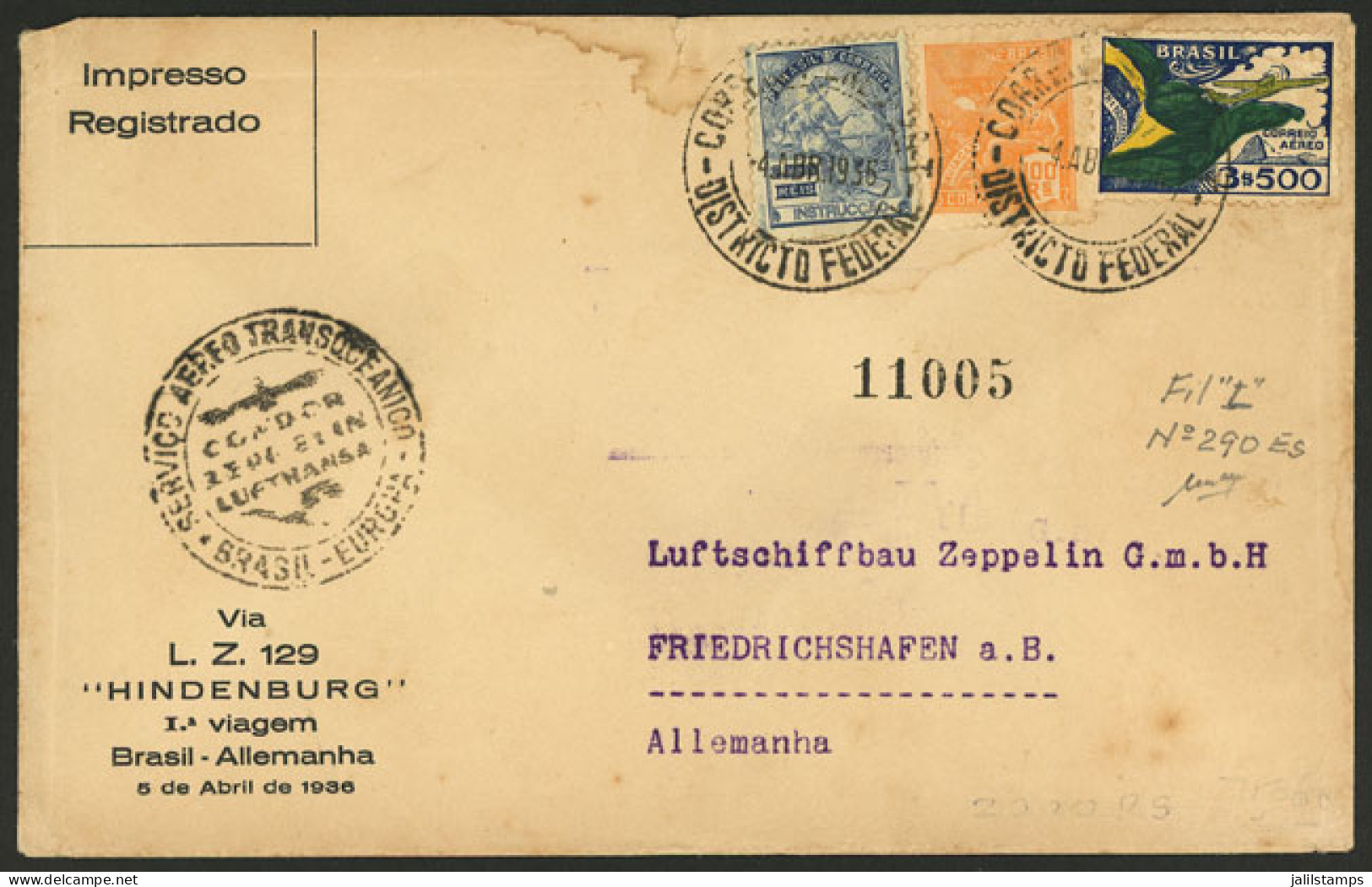 BRAZIL: 4/AP/1936 Rio - Germany: Registered Printed Matter Cover Flown By Hindenburg, With Fiedrichshafen Arrival Backst - Other & Unclassified