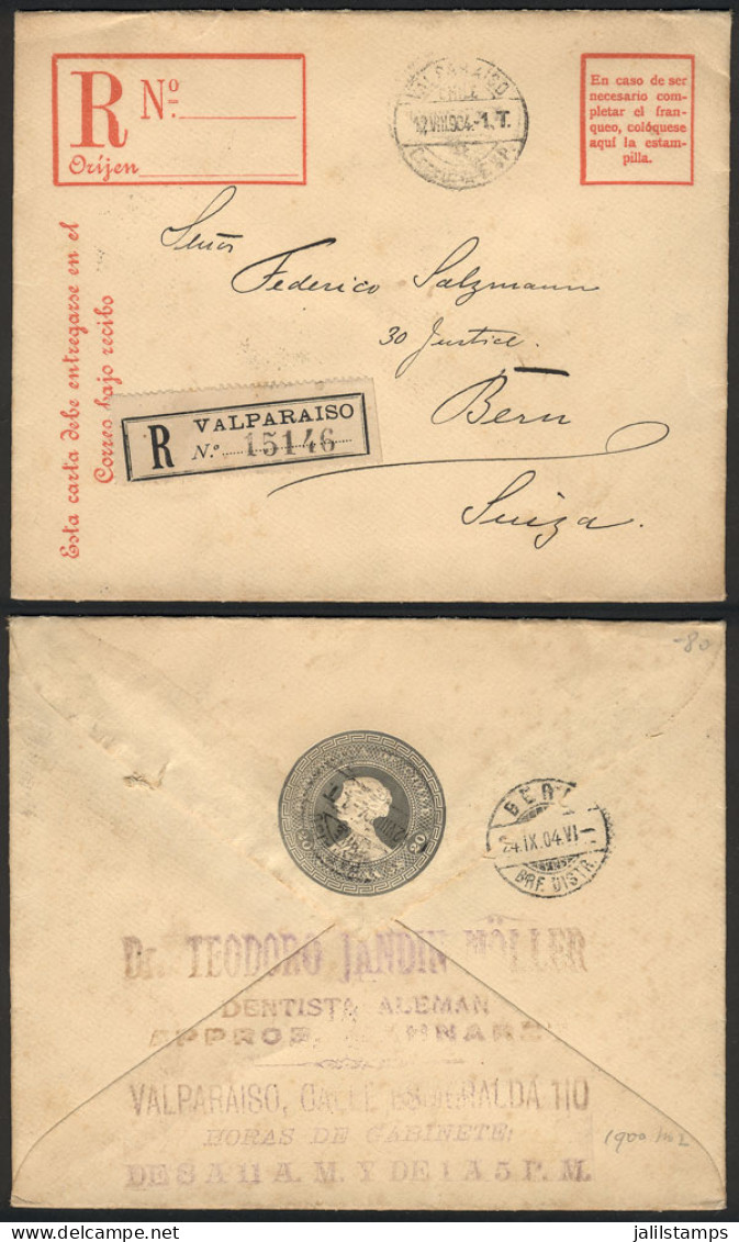 CHILE: 20c. Stationery Envelope For Registered Letters, Sent From Valparaiso To Switzerland On 12/AU/1904, VF Quality! - Chile