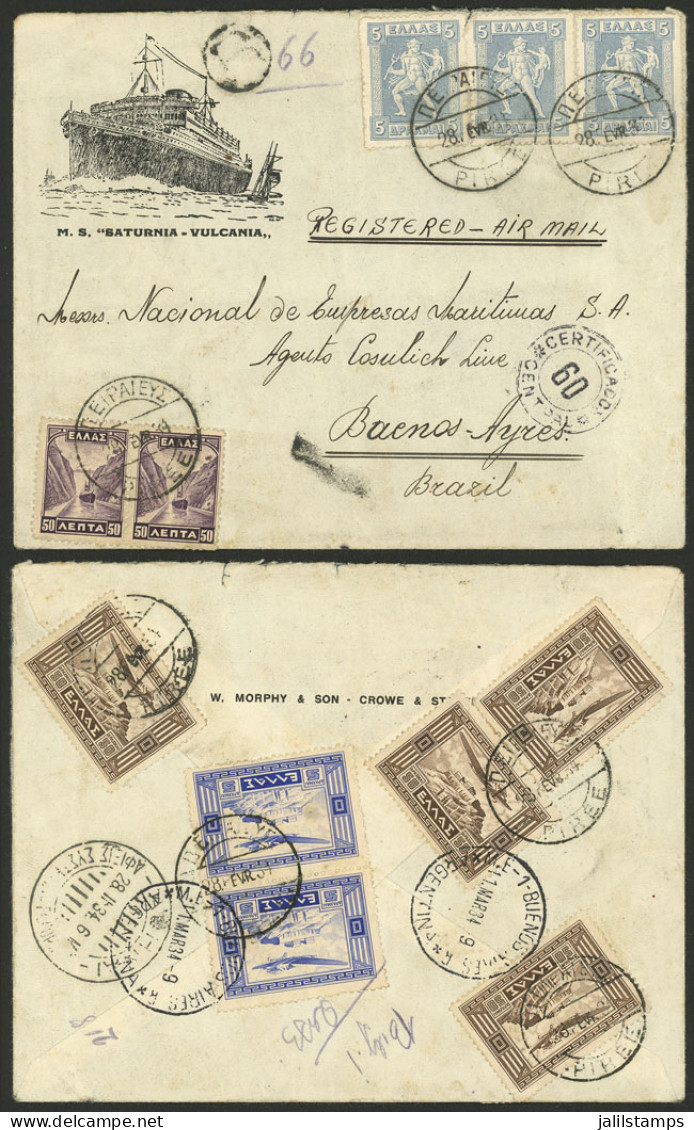 GREECE: 28/FE/1934 Pireo - Argentina (sent To Buenos Aires, Indicating "Brazil" By Mistake), Registered Airmail Cover, I - Other & Unclassified