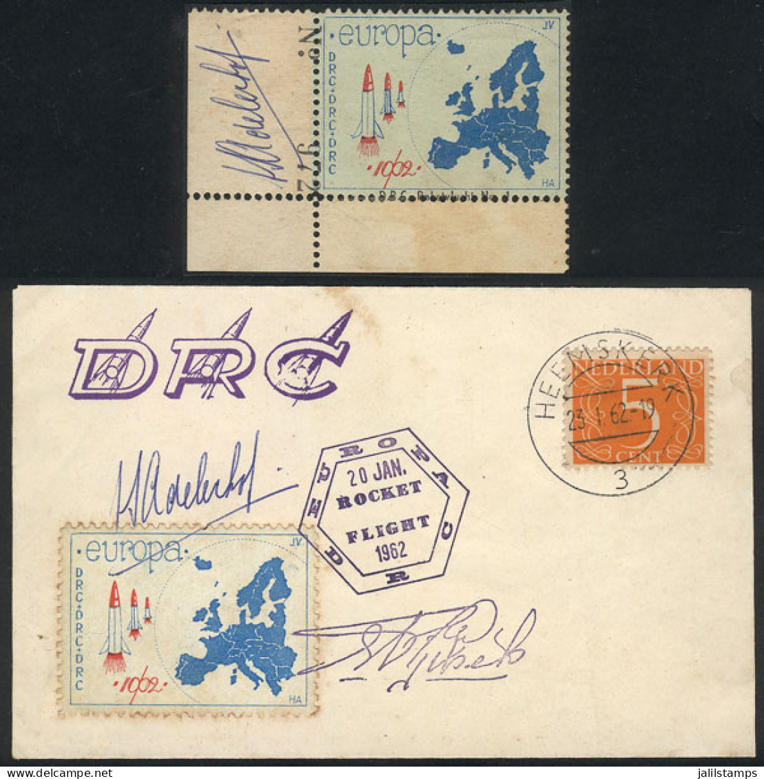 NETHERLANDS: Card Flown By ROCKET On 20/JA/1962 + Special Cinderella, All With Signatures, Interesting! - Autres & Non Classés