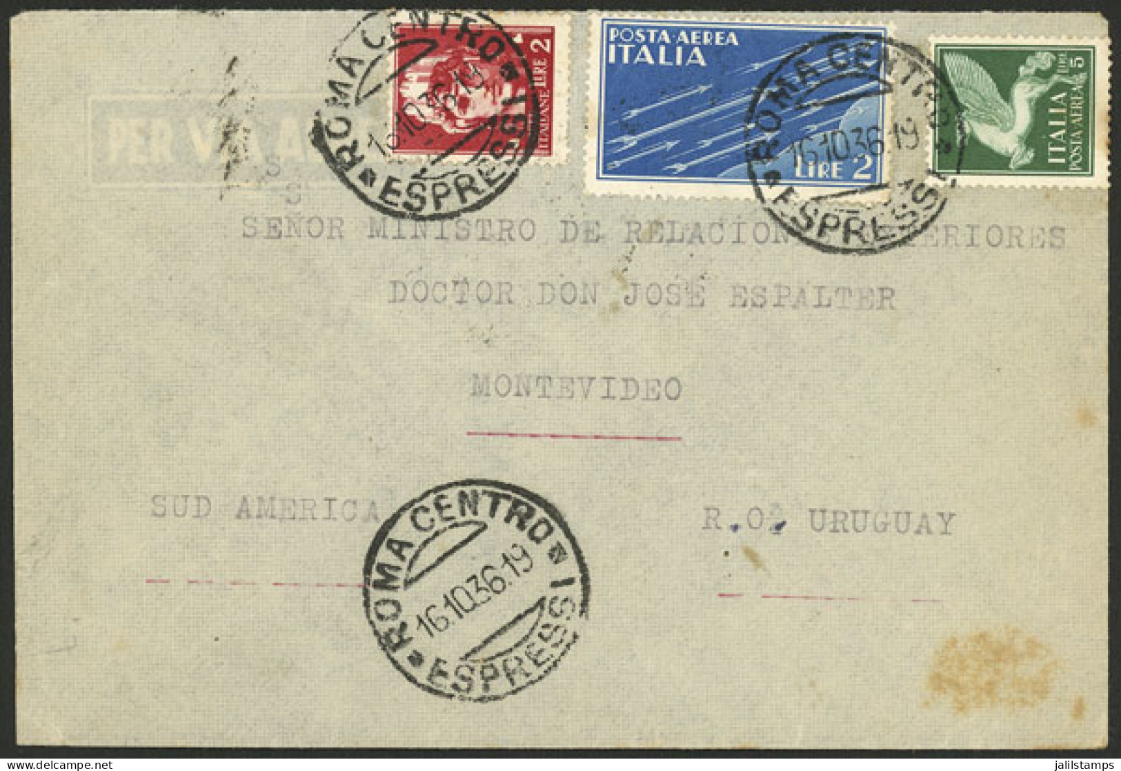 ITALY: 16/OC/1936 Roma - Uruguay, Airmail Cover Franked 9L., With Arrival Backstamp, Very Nice! - Zonder Classificatie