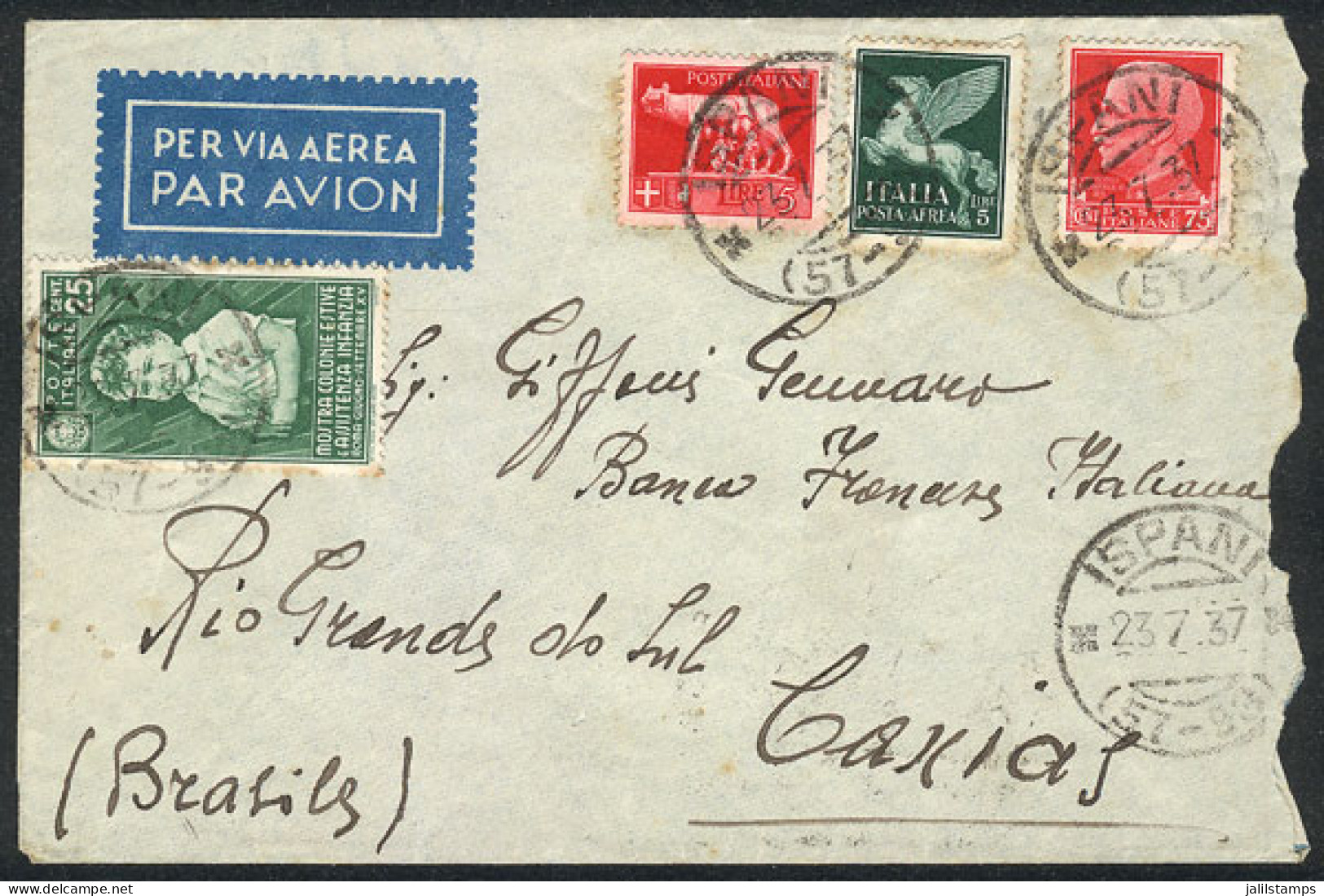 ITALY: Airmail Cover Franked With 11L. Combining Twin Values Of 5L., Sent From Ispani To Brazil On 23/JUL/1937, With Min - Zonder Classificatie