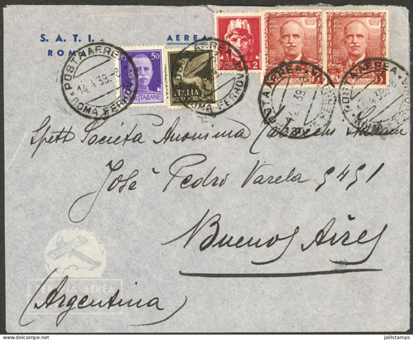 ITALY: 14/AP/1939 Roma - Argentina, Airmail Cover Franked With 13L. Including 2x 5L. "Proclamation" (Sc.409), Arrival Ba - Unclassified