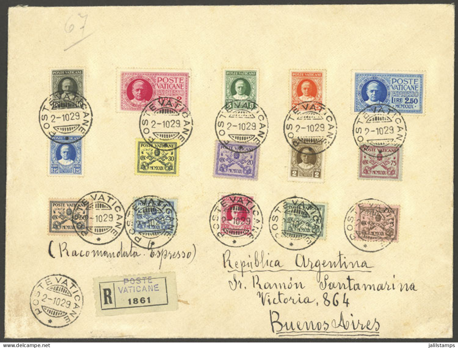 VATICAN: 2/OC/1929 Vatican - Argentina, Registered Cover Franked With The Complete Set Of 1929 (coat Of Arms And Pope Pi - Andere & Zonder Classificatie