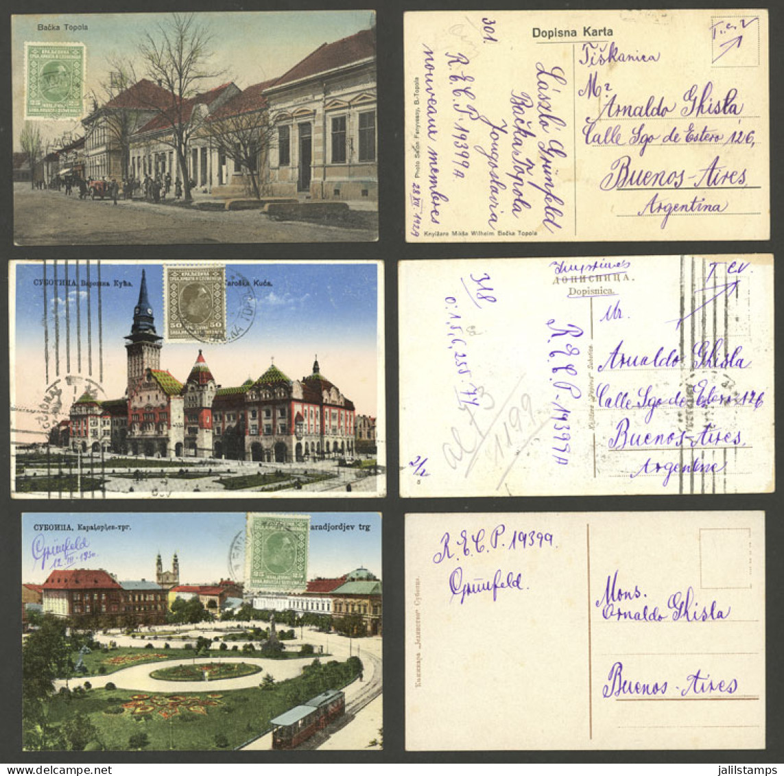 YUGOSLAVIA: 3 Postcards With Nice Views Of Backa Topola And Other Cities, Sent To Argentina In 1929/30, VF Quality! - Autres & Non Classés