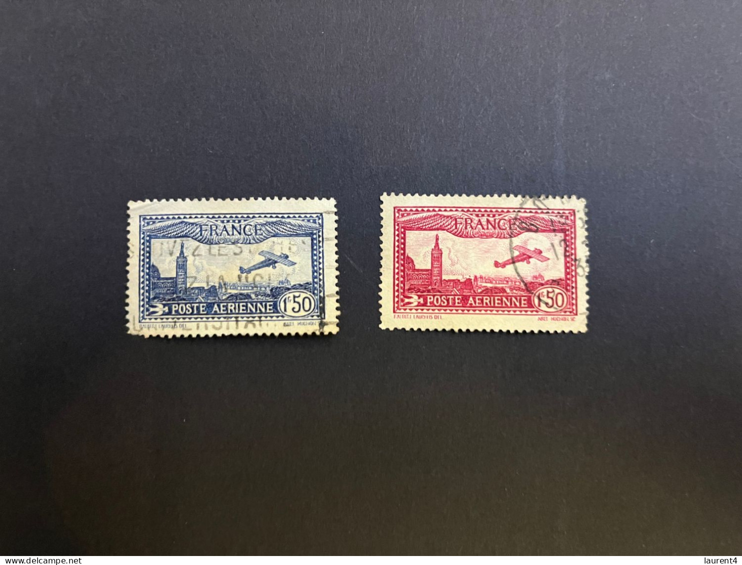 20-4-2024 (stamp) 2 Used Stamp - FRANCE - Poste Aerienne (1,50  X 2) - 1927-1959 Oblitérés
