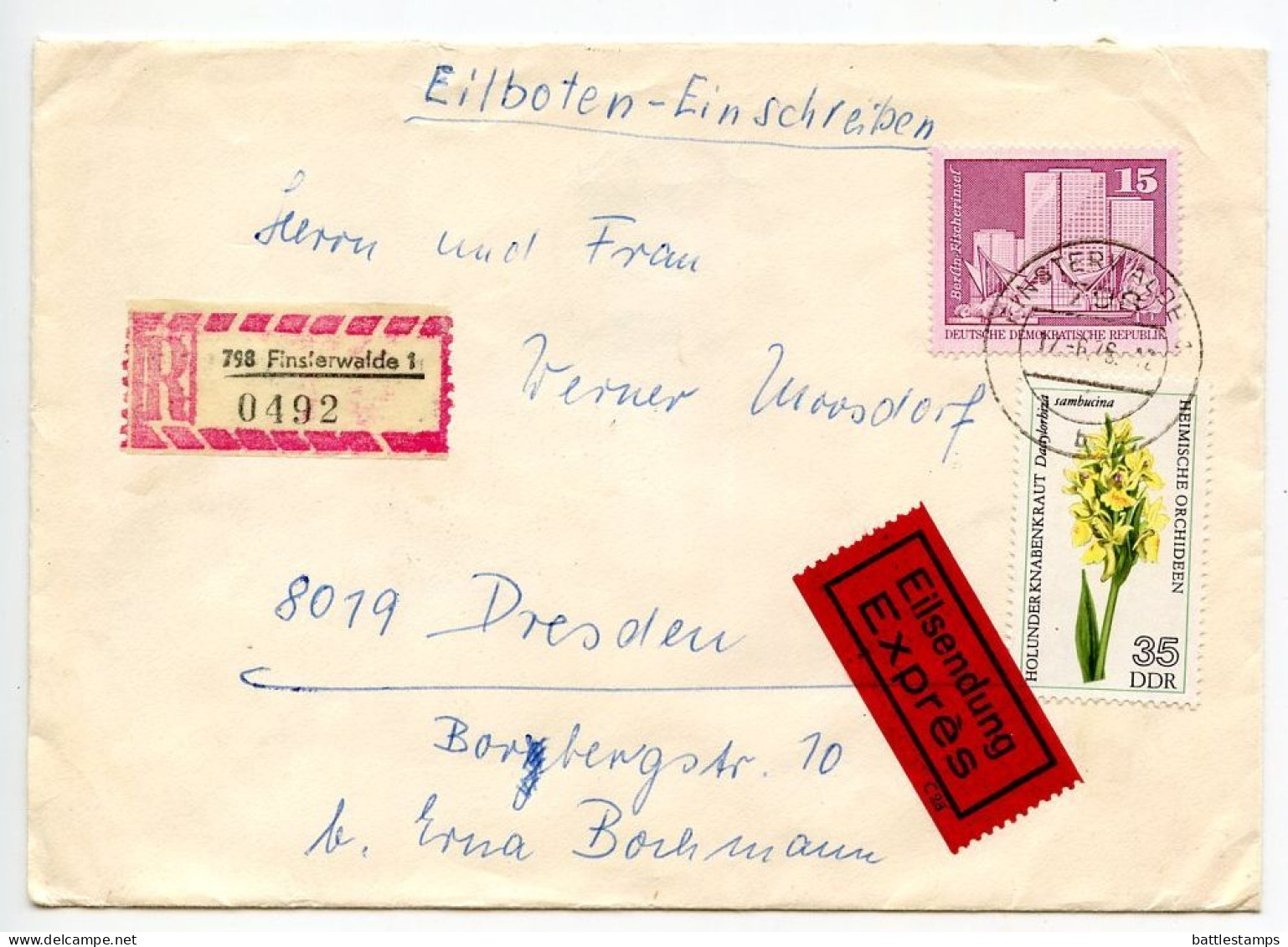 Germany East 1976 Registered Express Cover; Finsterwalde To Dresden; Orchid Flower Stamps; Bahnpost Postmarks - Briefe U. Dokumente