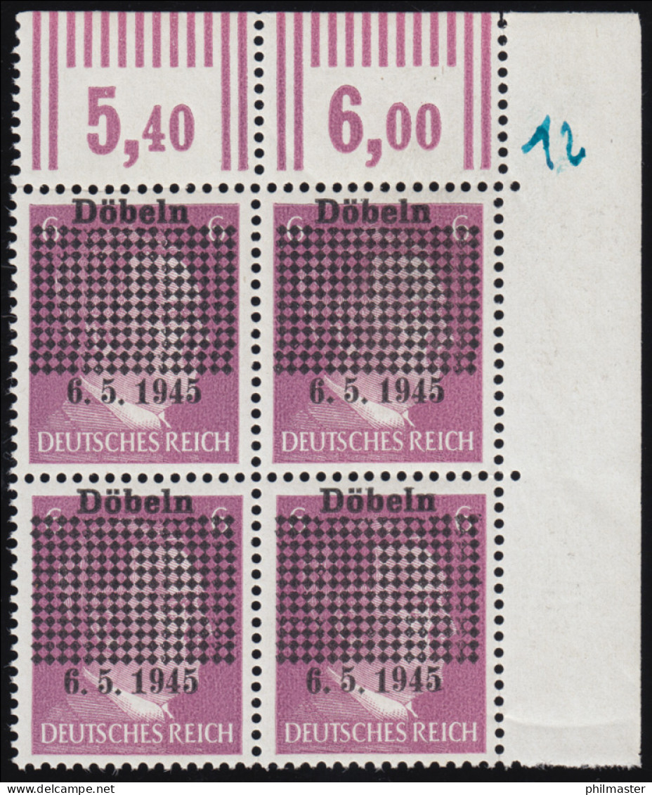 Döbeln 1b 6 Pf. Gitterüberdruck Mit Datum 6.5.1945, Eck-Vbl. O.r., Postfrisch ** - Mint