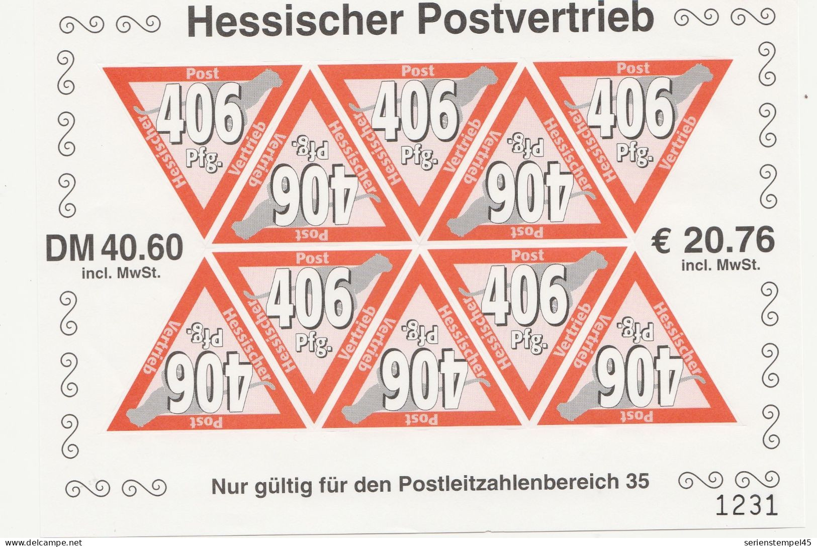 Privat Post HPV Hessischer Postvertriebs GmbH Grießen Kleinbogen Mi Nr 4 2000 Gepard Im Sprung 406 Pfg. - Privées & Locales