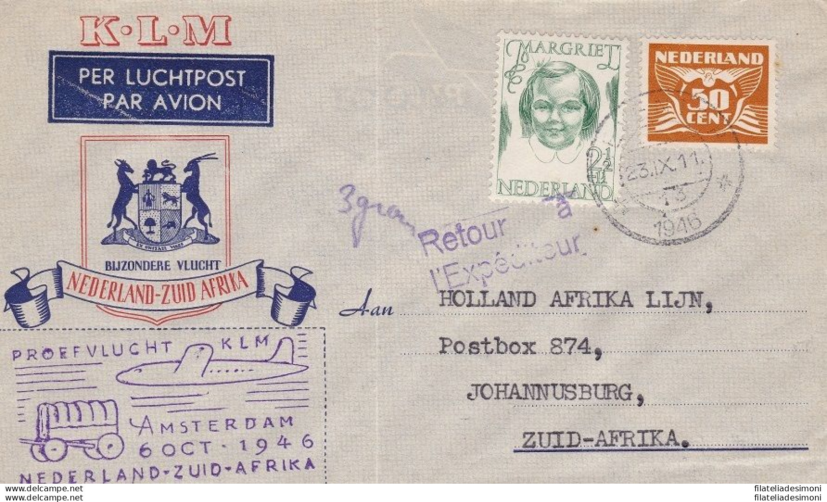 1946 OLANDA ,NEDERLAND, FIRST FLIGHT AMSTERDAM - JOHANNESBURG - Other & Unclassified