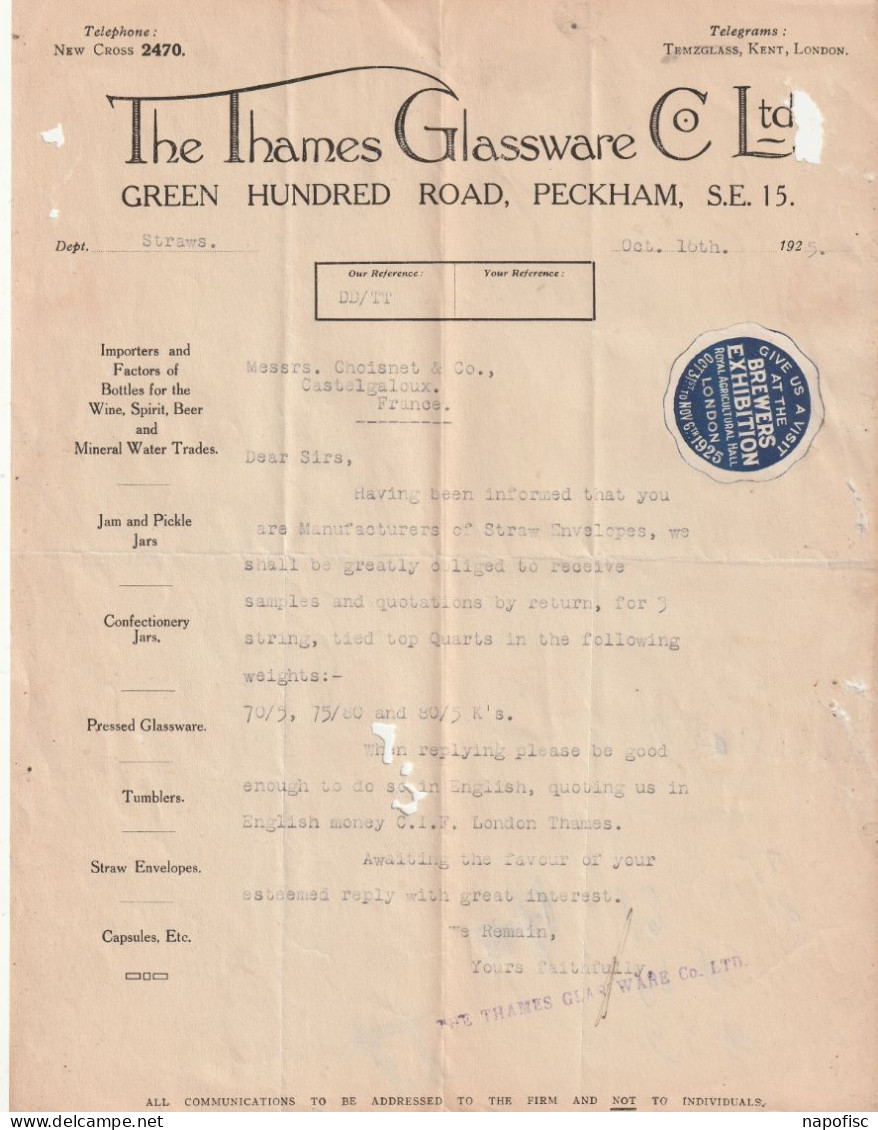 98-The Thames Glassware Co Ltd..Importers And Factors Of Bottles For Wine, Spirit, Beer, ....London...(U.K) ...1925 - United Kingdom