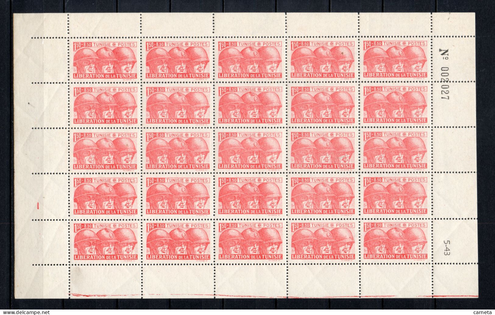 TUNISIE  N° 249   PLANCHE DE VINGT CINQ TIMBRES   NEUFS SANS CHARNIERE COTE 15.00€    LIBERATION  SOLDATS - Ungebraucht