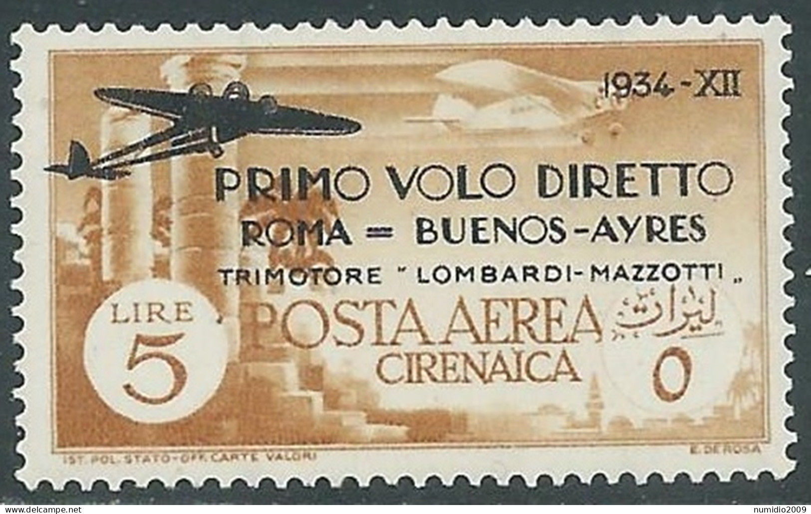1934 CIRENAICA POSTA AEREA VOLO ROMA BUENOS AYRES 5 LIRE MNH ** - P41-3 - Cirenaica