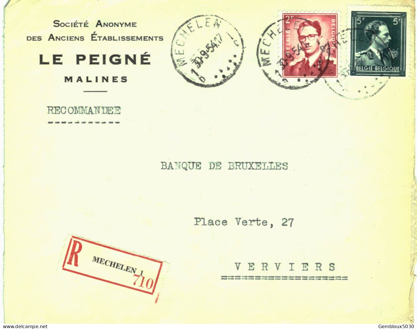 (01) Belgique   N° 696 + 925  Sur Enveloppe écrite De Malines Vers Verviers Recommandé - 1936-1957 Offener Kragen