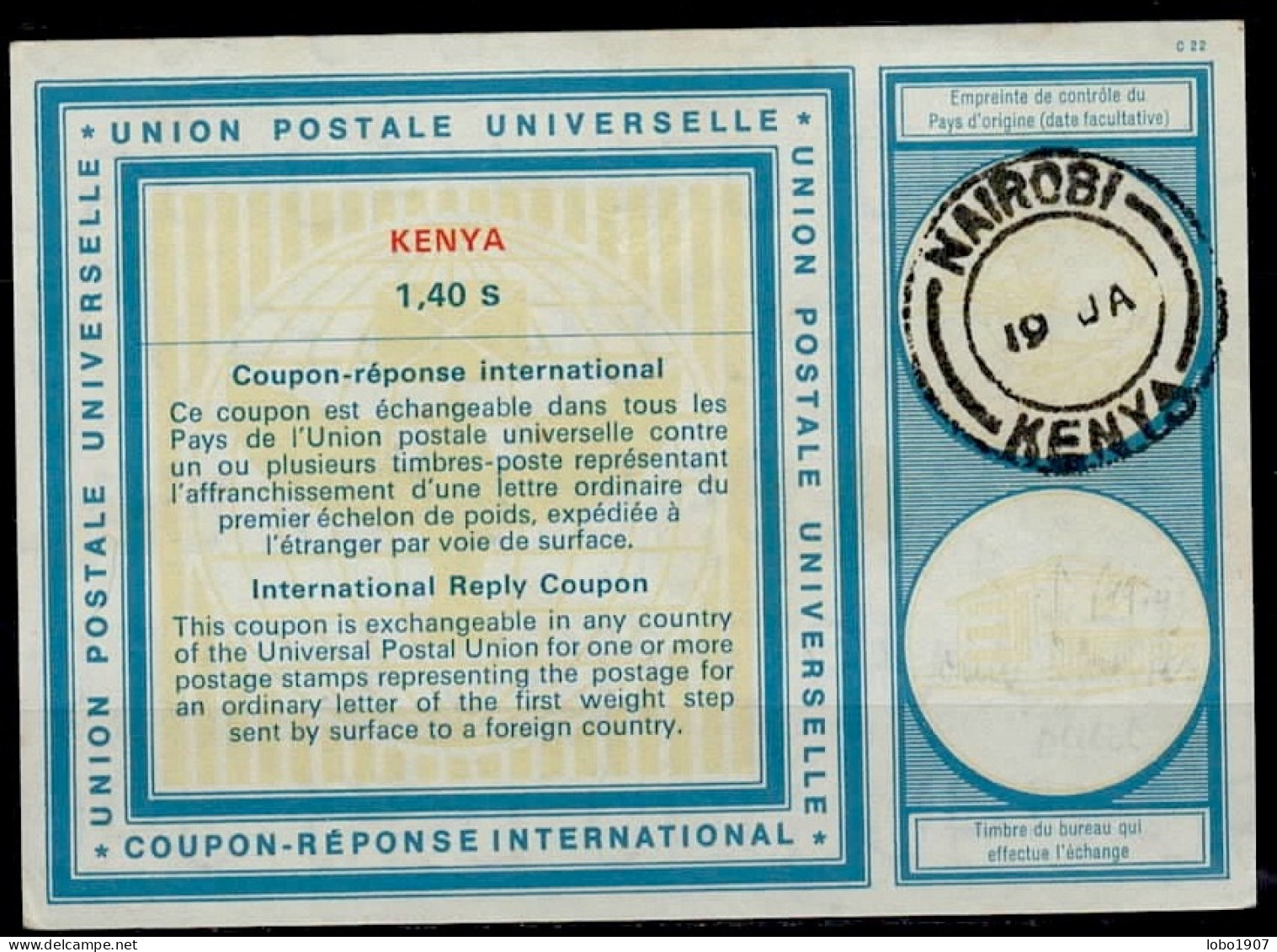KENYA  Vi21  1,40 S  International Reply Coupon Reponse  IRC IAS Cupon Respuesta  NAIROBI 19.01. W/o Year - Kenya, Uganda & Tanganyika