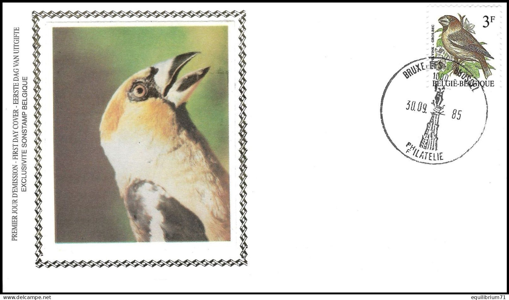 FDC Soie° - Grosbec Casse-noyaux / Appelvink / Kembeisser / Hawfinch - BXL-BSL - 30-09-1985 - BUZIN - 1985-.. Birds (Buzin)