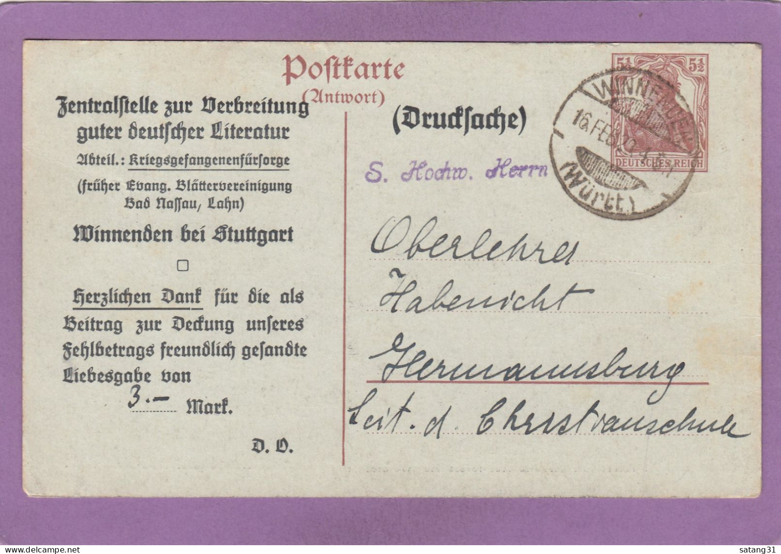 ZENTRALSTELLE ZUR VERBREITUNG GUTER DEUTSCHE LITERATUR. PRIVATE GANZSACHE 5 1/2 PF. AUS WINNENDEN. - Cartoline