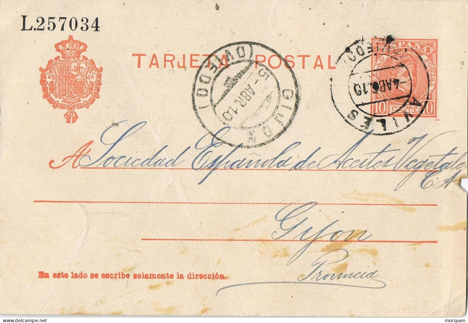 54846. Entero Postal AVILES (Oviedo) 1910 A Gijon.  Cadete 10 Cts - 1850-1931