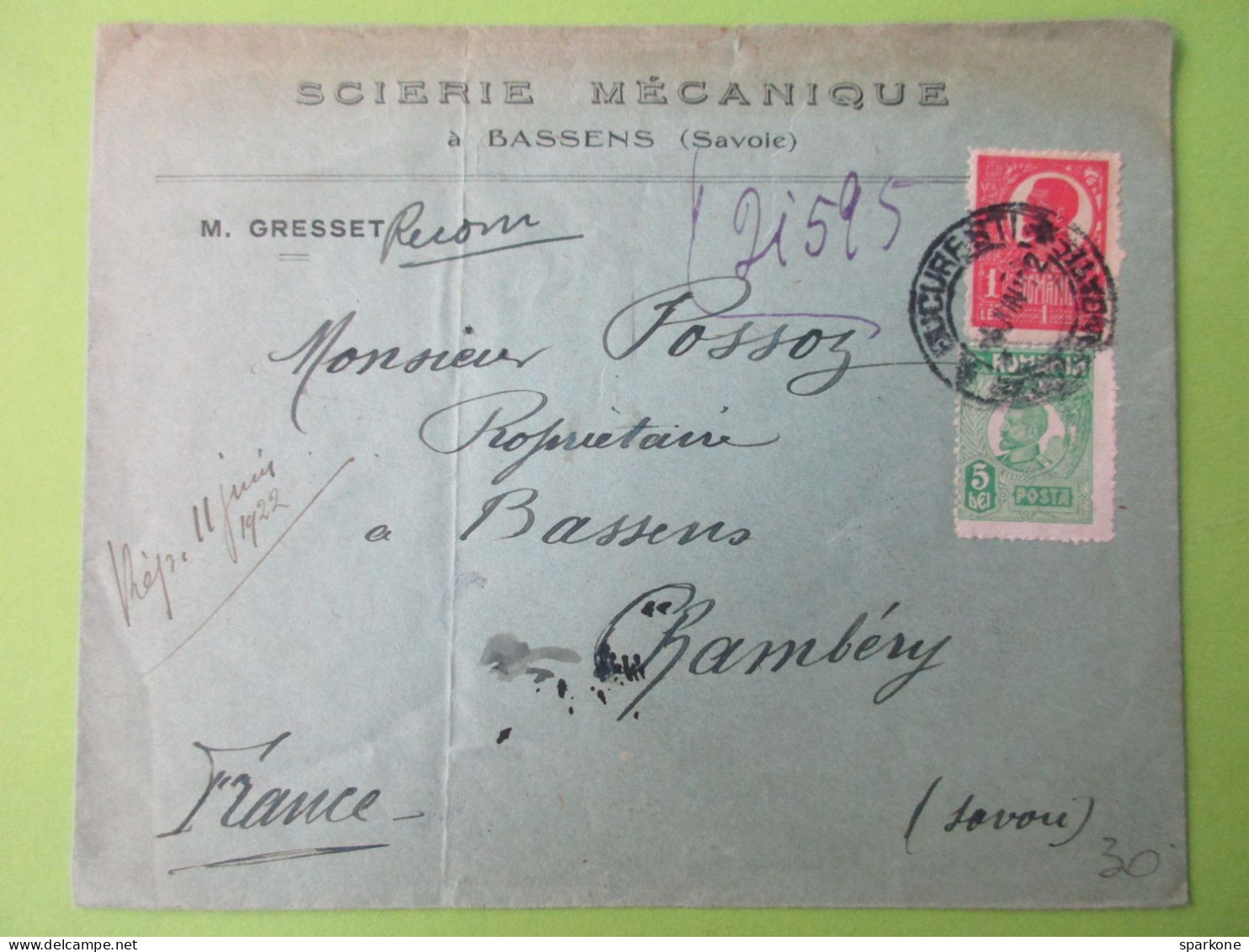 Marcophilie - Enveloppe - Scierie Mécanique à Bassens "Savoie" - Bugarest - Chambéry - 1922 - Postmark Collection