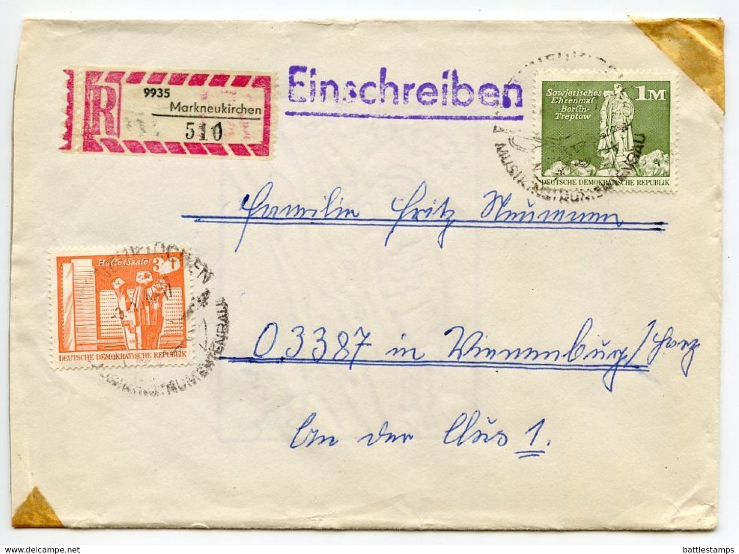 Germany East 1970's Registered Cover; Markneukirchen To Vienenburg; 30pf. Halle & 1m. Soviet War Memorial Stamps - Storia Postale
