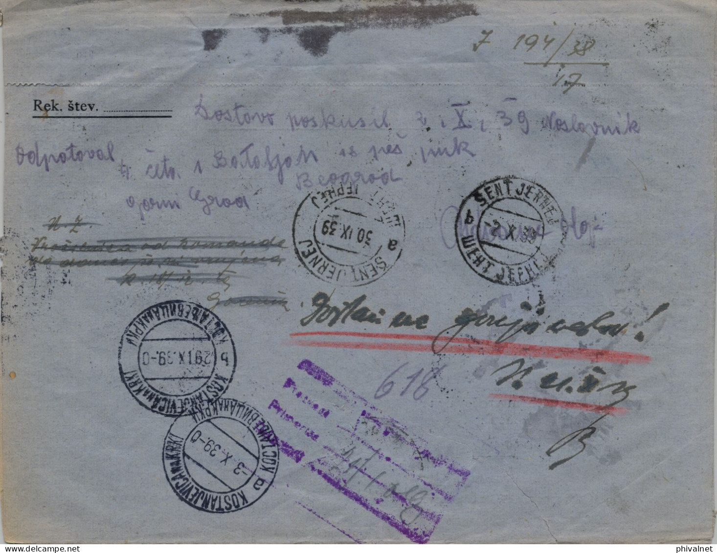 1939 YUGOSLAVIA ,  KOSTANJEVICA NA KRKI - SENTJERNEJ , CERTIFICADO , YV. 79 X 3 TAXE , " PARTÍ " - Covers & Documents