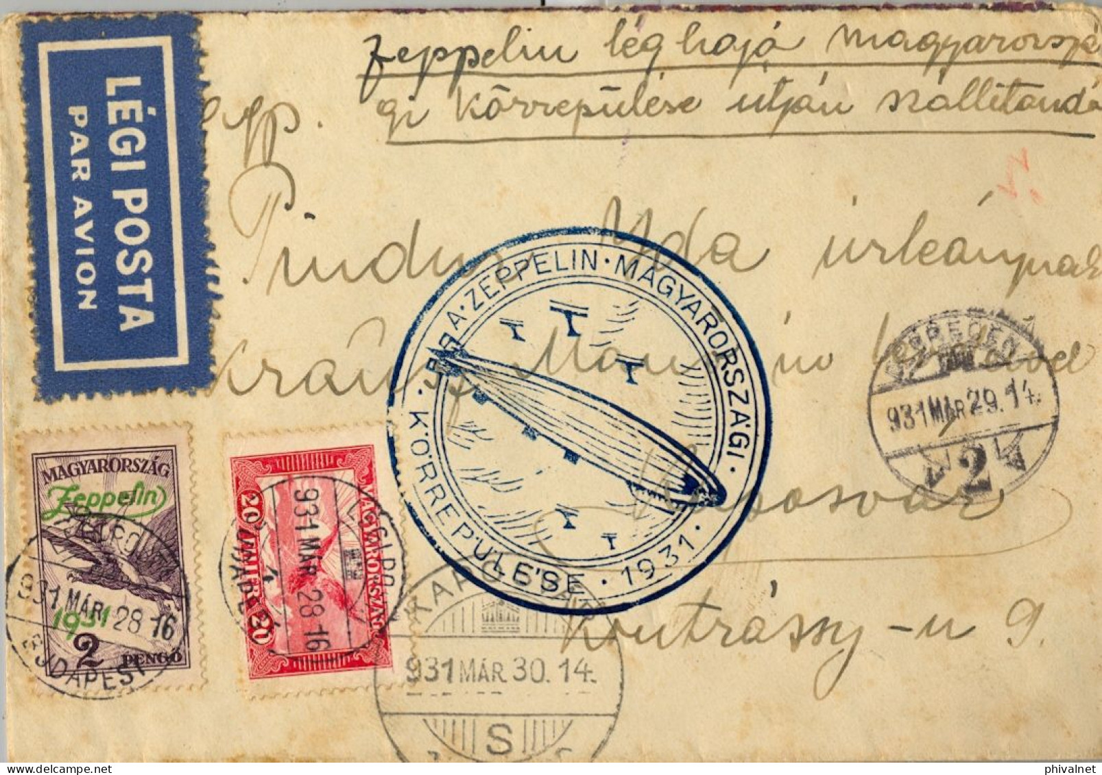 1931 ZEPPELIN , BUDAPEST - KAPOSVÁR , MAGNÍFICO SOBRE CIRCULADO , YV. 15 , 25 ( 2 PENGO - ZEPPELIN )  AÉREOS - Briefe U. Dokumente