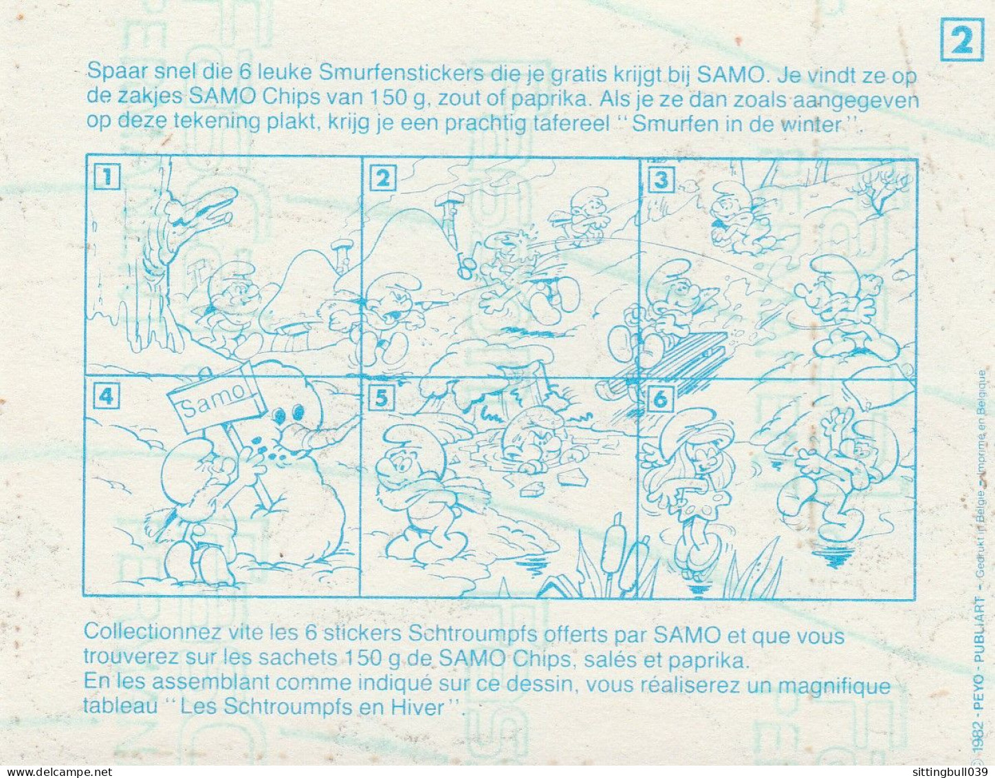 PEYO. LES SCHTROUMFS En HIVER. RARE Autocollant PUB SAMO CHIPS 1982 N° 3 - Collection - Stickers