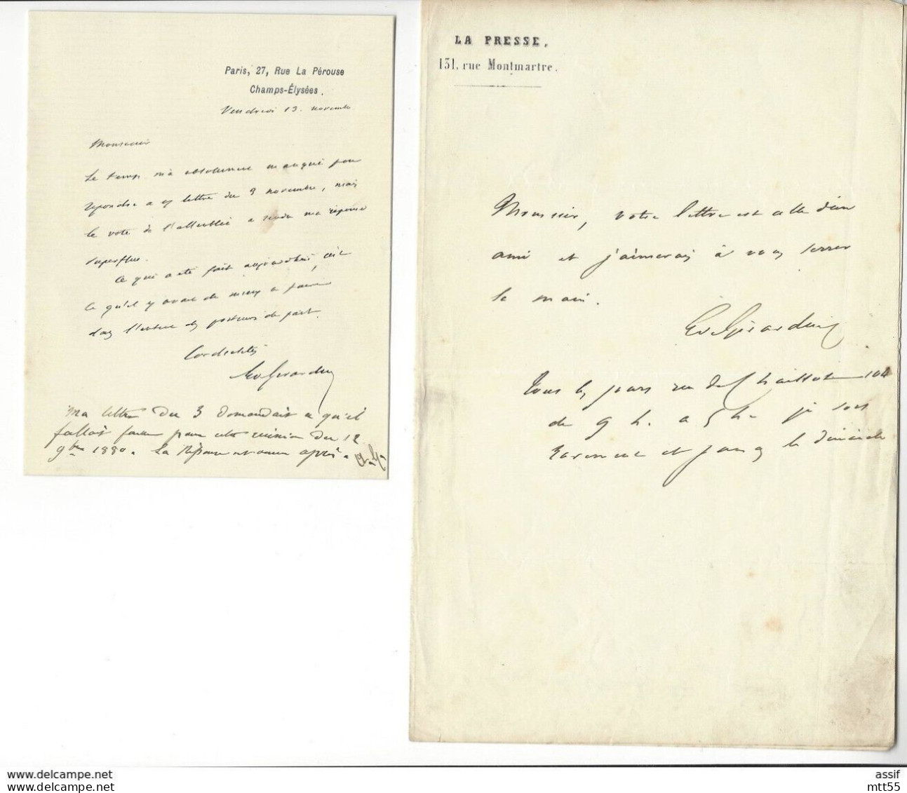 EMILE DE GIRARDIN (1802 - 1881) 2 LAS AUTOGRAPHE ORIGINAL AUTOGRAPHE JOURNALISTE - Schrijvers