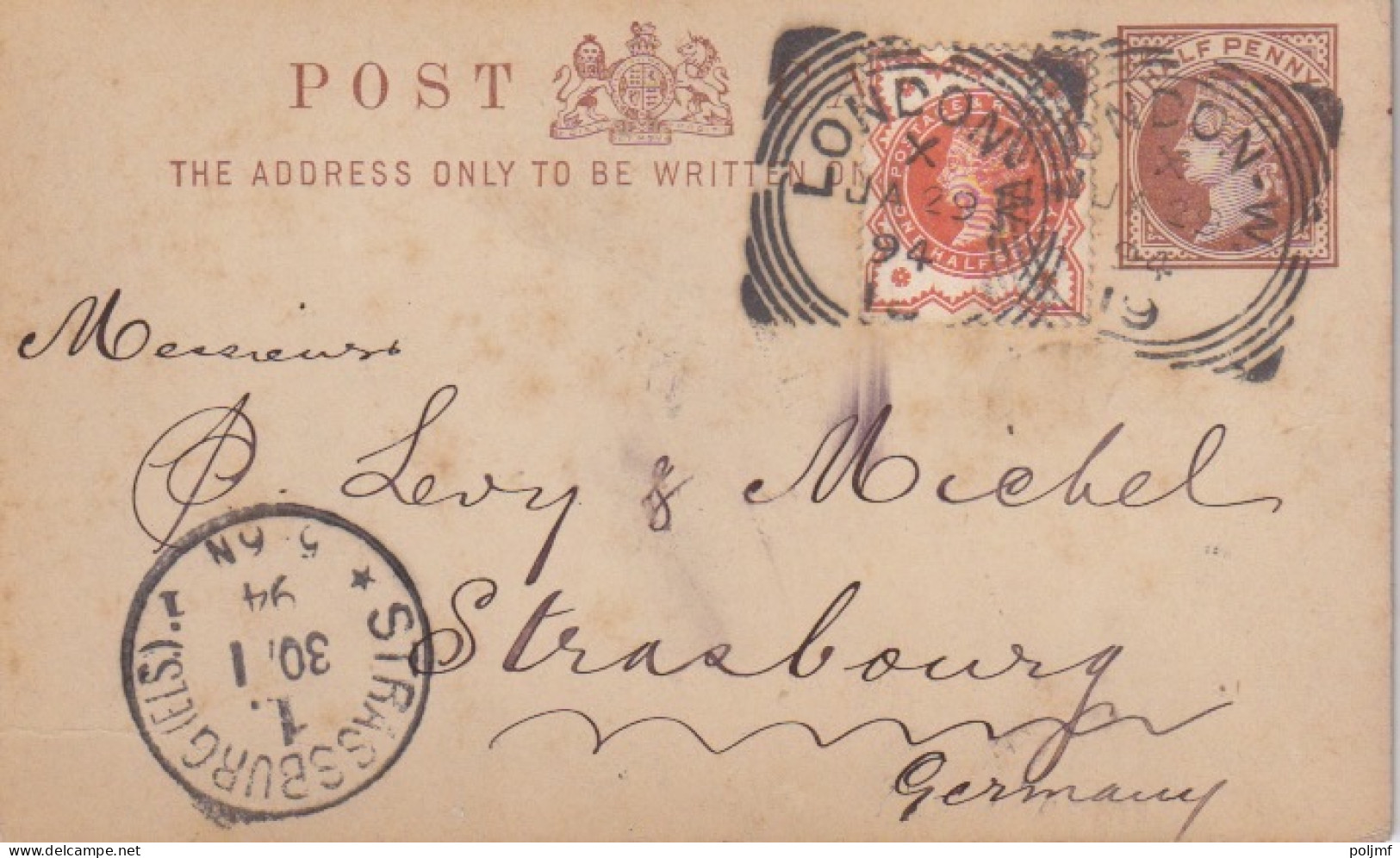 CP Entier Half Penny Brun "Victoria" Obl. Carrée London Le 29 JA 94 Pour Strasbourg + Complément 1/2 Rouge N° 91 - Stamped Stationery, Airletters & Aerogrammes