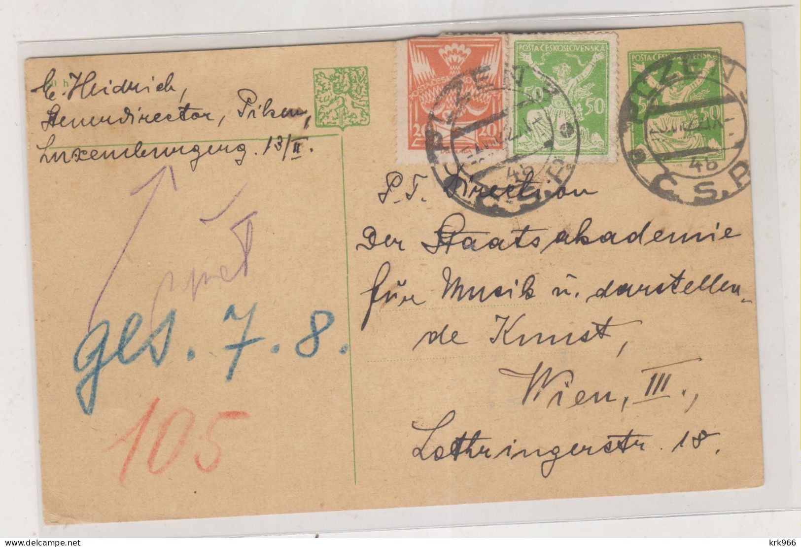 CZECHOSLOVAKIA 1922 PLZEN Postal Stationery To Austria - Briefe U. Dokumente
