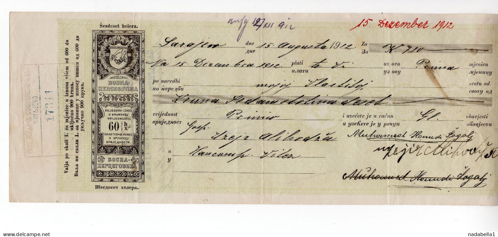 1912. BOSNIA,AUSTRIAN OCCUPATION,SARAJEVO,PRIV. AGRAR & COMMERCIAL BANK OF BIH,60 HELLER CHEQUE - Cheques En Traveller's Cheques