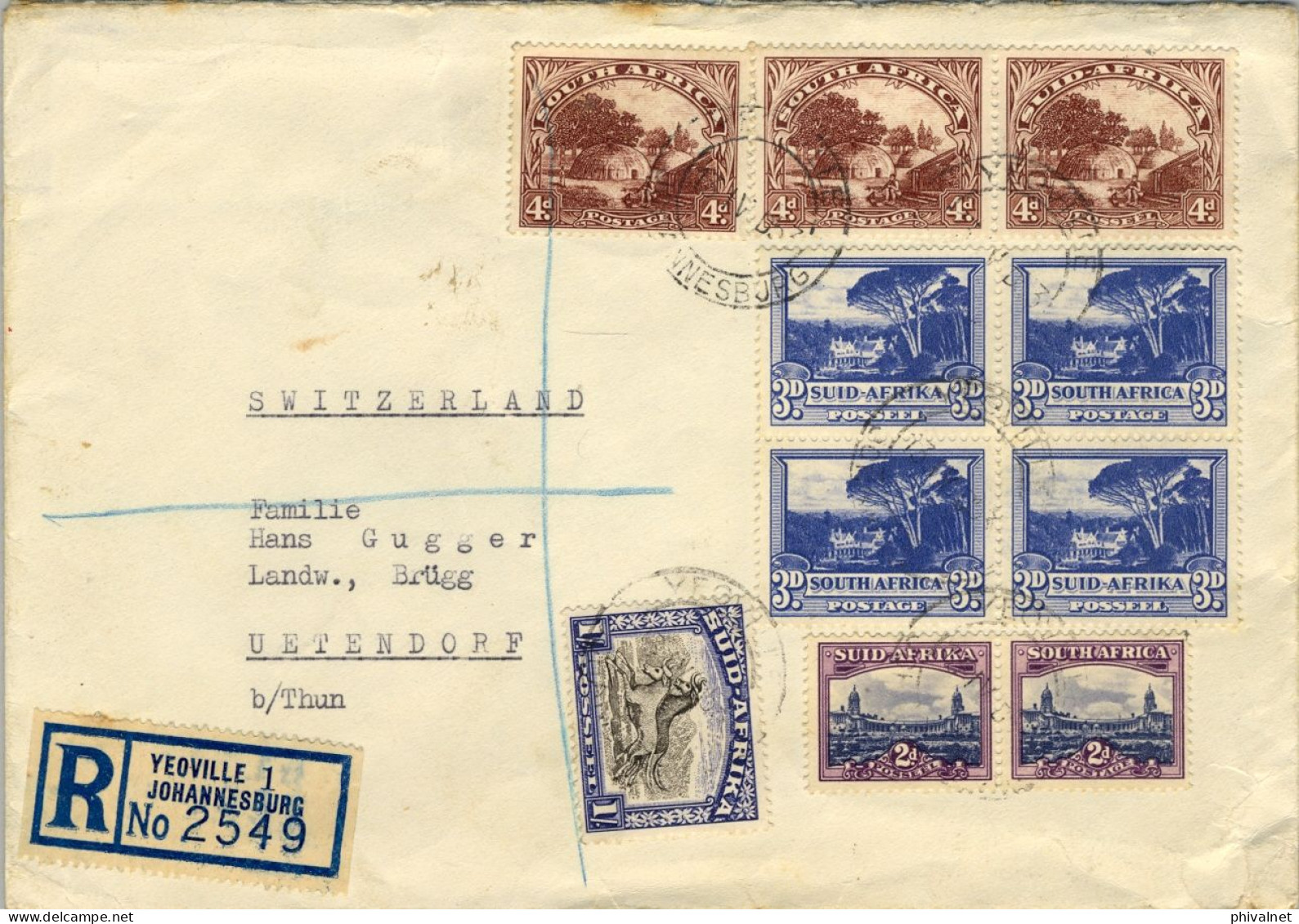 1953 AFRICA DEL SUR , YEOVILLE / JOHANNESBURG - UETENDORF , SOBRE CERTIFICADO , LLEGADA - Covers & Documents