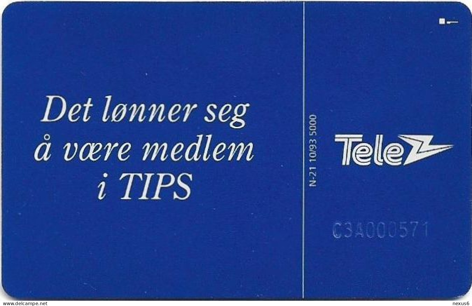 Norway - Telenor - Tips - N-021 - 10.1993, 22U, 5.000ex, Mint - Norway