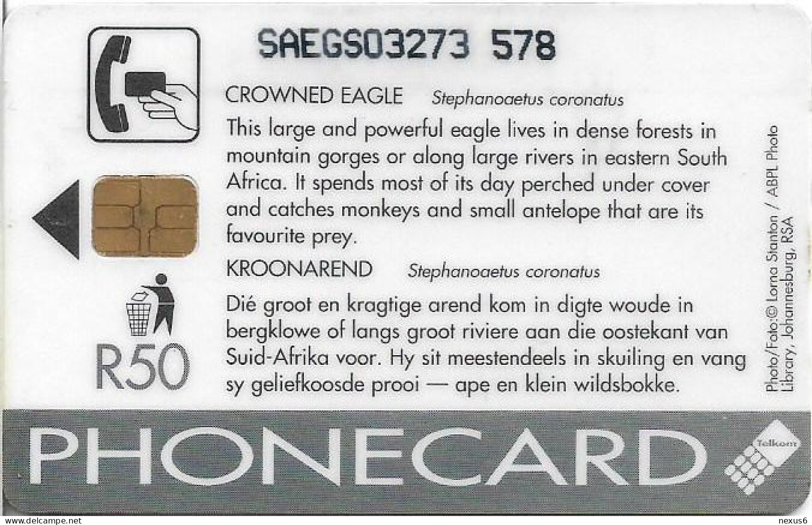 S. Africa - Telkom - Birds Of Prey - Crowned Eagle, Cn. Normal 0, Bold, 50R, 1994, 30.000ex, Used - South Africa