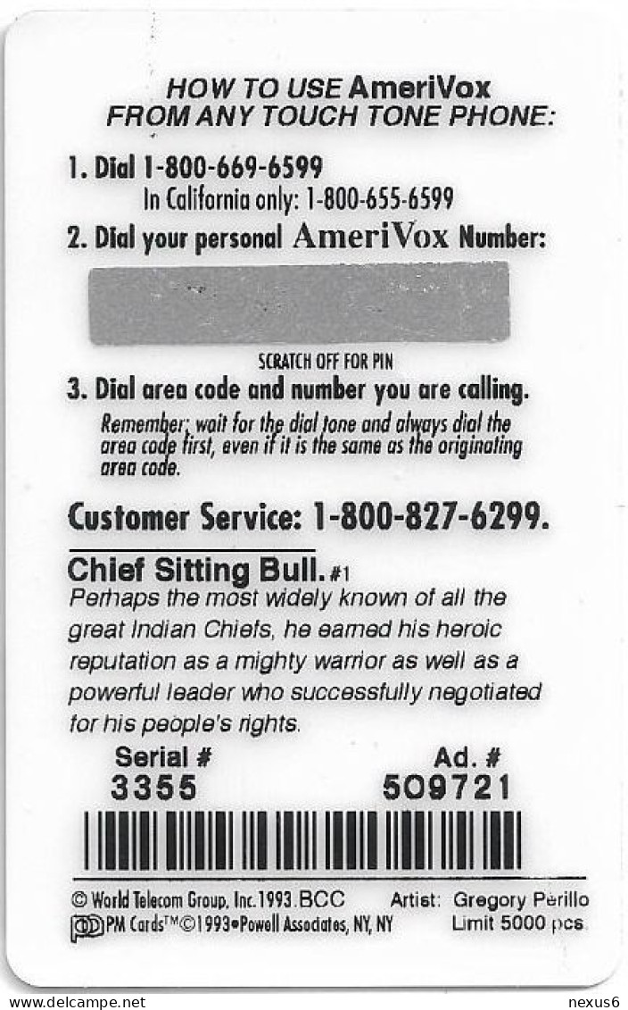 USA - AmeriVox - Perillo Native American Artwork - AVX-Pr118 - Chief Sitting Bull #1, Remote Mem. 2.50$, 5.000ex, Mint - Amerivox