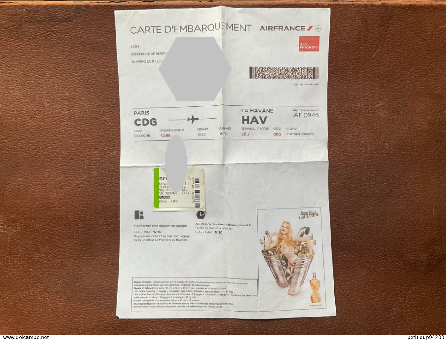 AIR FRANCE Carte D’Embarquement  CDG Paris > HAV La Havane  SKY PRIORITY  Décembre 2016 - Cartes D'embarquement