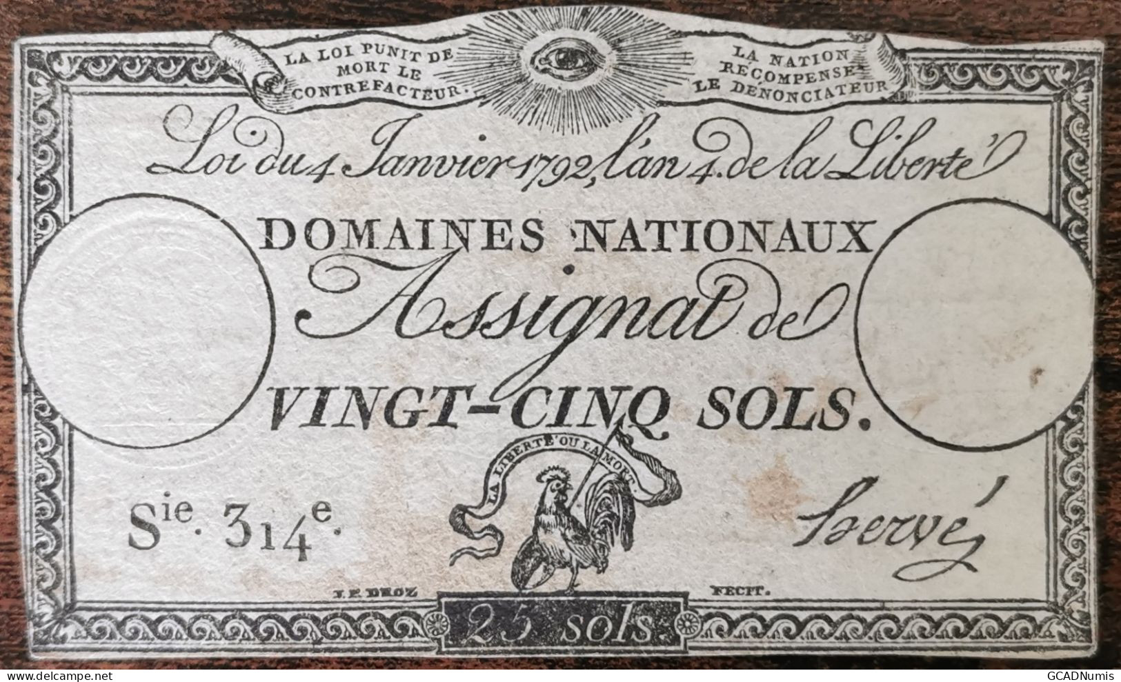 Assignat 25 Sols - 4 Janvier 1792 - Série 314 - Domaine Nationaux - Assignats