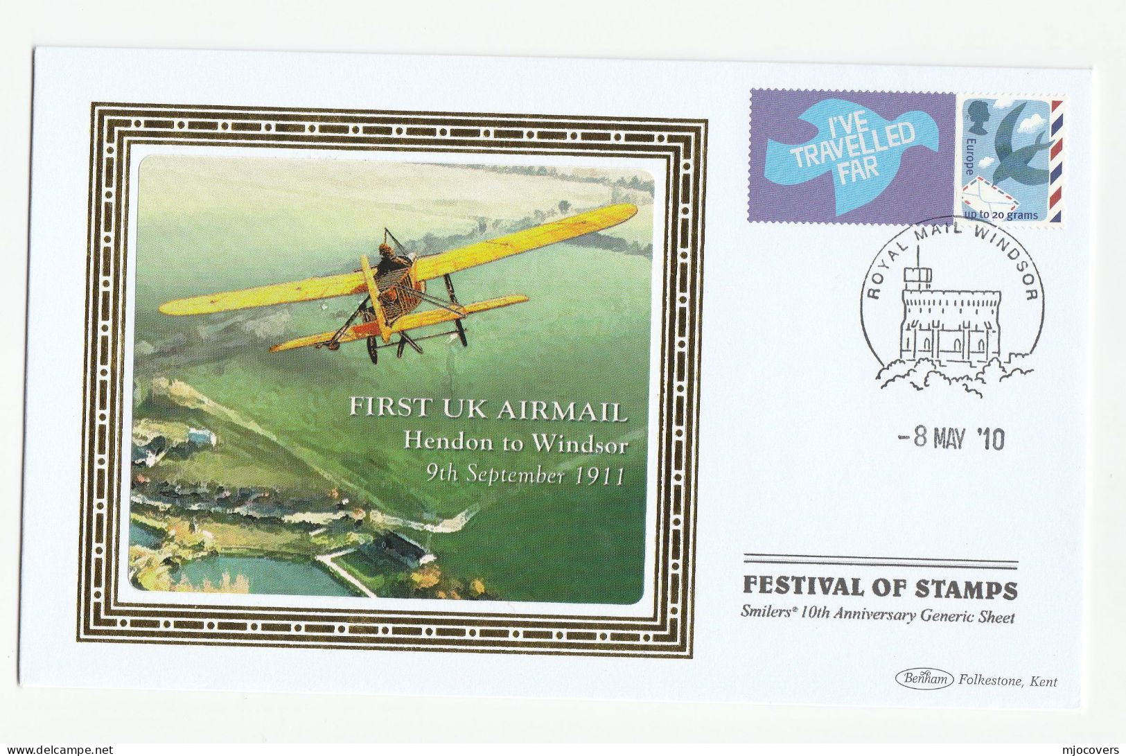 AVIATION Europe Rate Smilers 2010 Festival Of Stamps Special SILK  FDC Illus 1911 AIRCRAFT Cover GB - 2001-2010 Decimal Issues