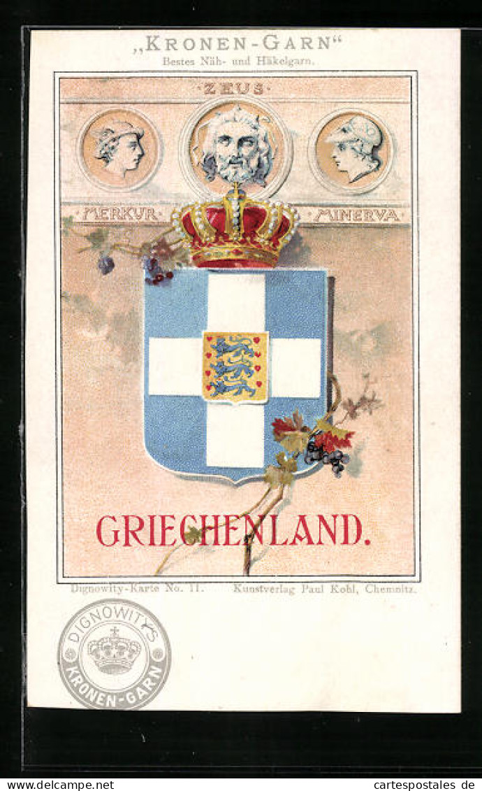 Künstler-AK Griechenland, Wappen Mit Goldener Krone, Kronen-Garn, Zeus, Merkur Und Minerva  - Genealogy