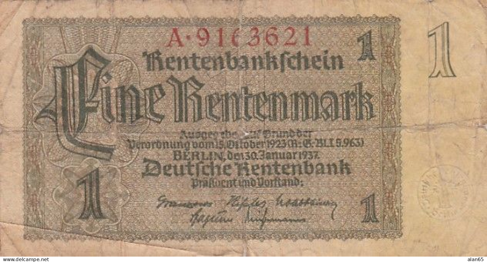 Germany #173a, 1 Rentenmark 1937 Banknote - 1 Rentenmark