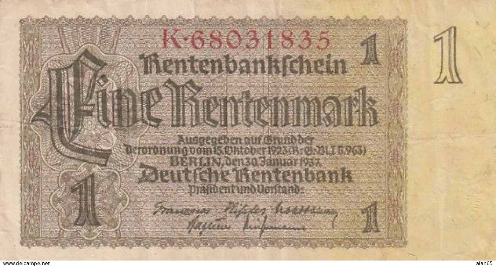 Germany #173b, 1 Rentenmark 1937 Banknote - 1 Rentenmark