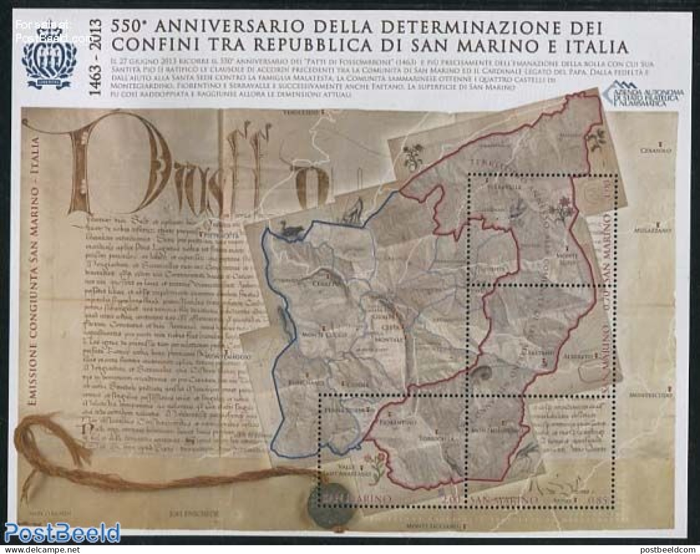 San Marino 2013 550 Years Borders Between San Marino And Italy 4v M/s, Mint NH, History - Various - History - Joint Is.. - Ungebraucht