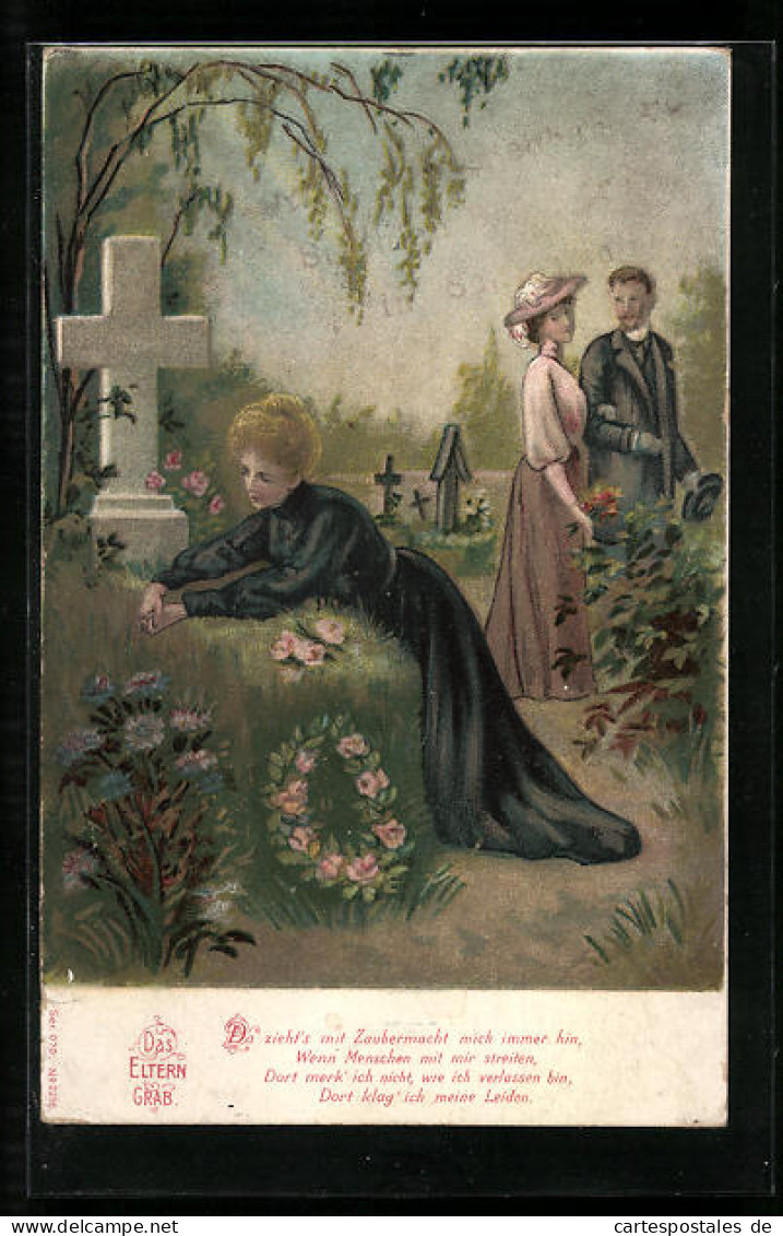 Lithographie Das Elterngrab, Frau Trauert Kniend Vor Dem Grab  - Beerdigungen