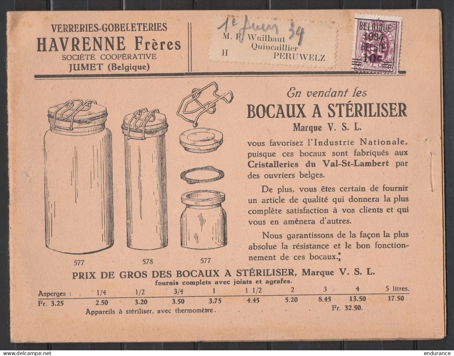 Dépliant Publicitaire Verreries-Gobeleteries Havrenne à JUMET Affr. PREO 10c 1934 Pour PERUWELZ - Typos 1929-37 (Lion Héraldique)