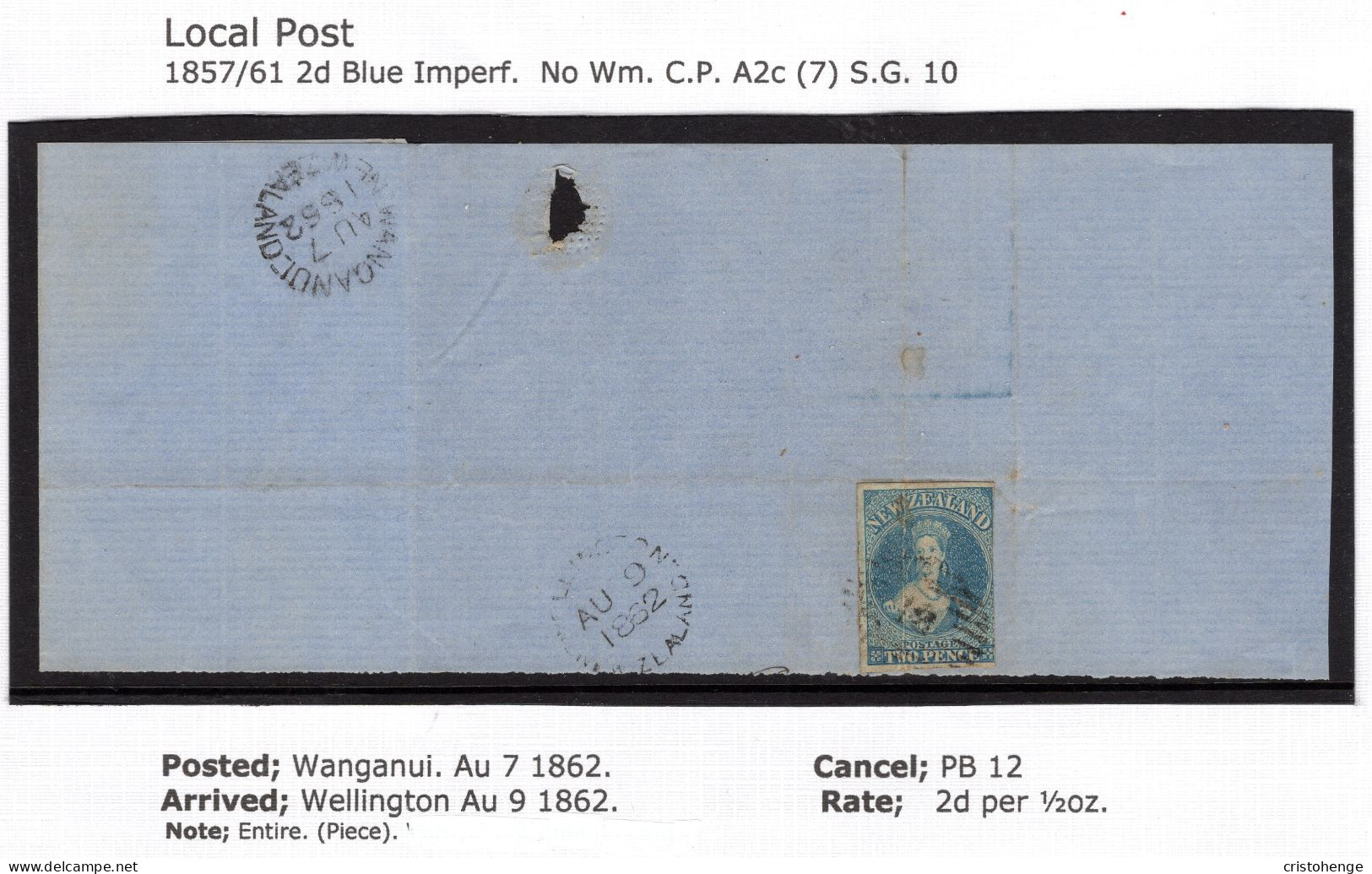 New Zealand 1862 2d Blue FFQ Chalon - No Wmk. Imperf. - On Large Part Cover Wanganui To Wellington - Storia Postale
