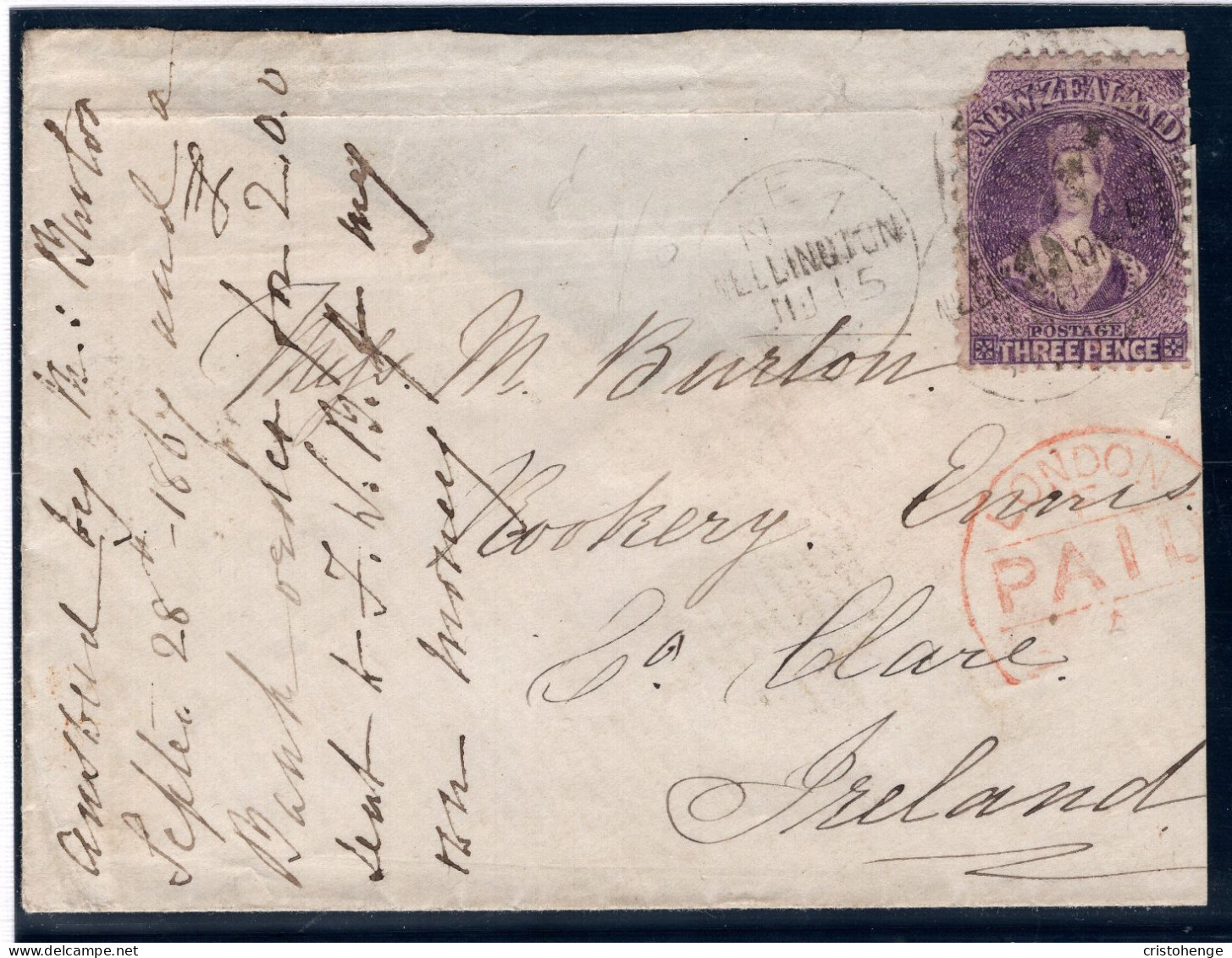 New Zealand 1867 3d Deep Mauve FFQ Chalon - Wmk. Large Star - On Part Cover To Ennis, Ireland - Cartas & Documentos