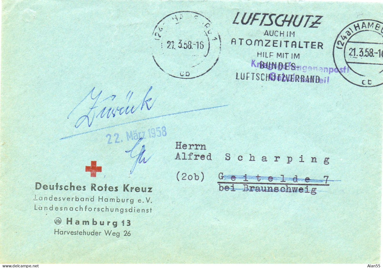 ALLEMAGNE.1958. KRIEGSGEFANGENENPOST -GEBUHRENFREI". « LUFTSCHUTZ, ATOMZEITALTER…"."ROTE KREUZ" .CROIX-ROUGE - Atom