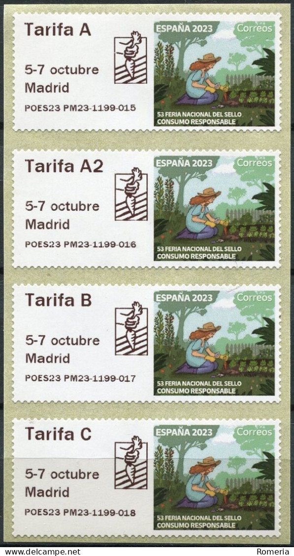 Espagne - 2023 - 53 Feria Nacional Del Sello. Madrid. Consumo Responsable - 1199  015 016 017 018 - Timbres De Distributeurs [ATM]