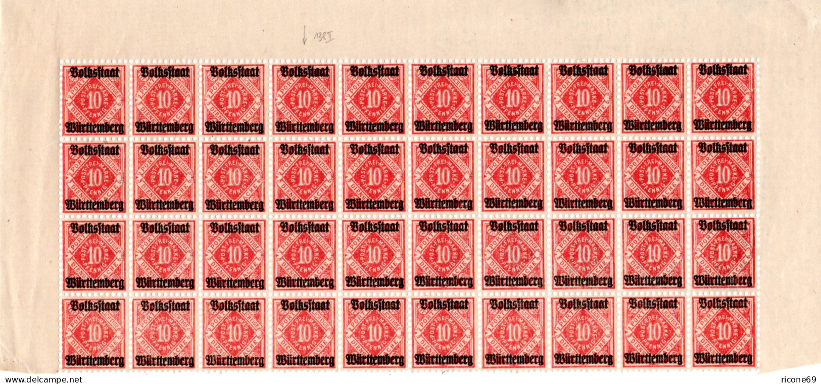 Württemberg D 138, 10 Pf. Volksstaat, Bogenteil M. 40 Marken Inkl. Plattenfehler - Mint